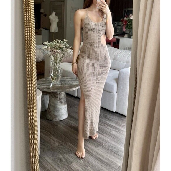 Beige Botany Knit Crochet Cut Out Backless Maxi Dress Taupe Size Womens M - Picture 5 of 11